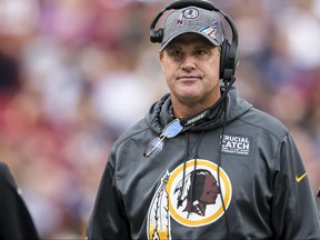 Head coach Jay Gruden of the Washington Redskins looks on against the New England Patriots during the first half at FedExField on Oct. 6, 2019 in Landover, Md. (Scott Taetsch/Getty Images)
