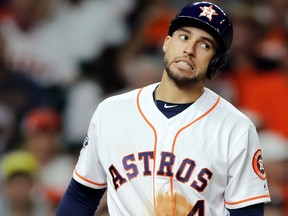 George Springer of the Houston Astros reacts against the Washington Nationals during the third inning in Game 6 of the 2019 World Series at Minute Maid Park on Oct. 29, 2019 in Houston, Texas. (Elsa/Getty Images)