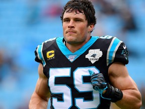 Luke Kuechly of the Carolina Panthers before their game against the New Orleans Saints at Bank of America Stadium on Dec. 29, 2019 in Charlotte, N.C. (Jacob Kupferman/Getty Images)