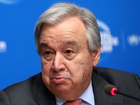 United Nations Secretary-General Antonio Guterres attends a news conference in Geneva, Switzerland Dec. 17, 2019.