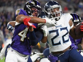 Last week, against the No. 1 seed Baltimore Ravens and their No. 4-rated “D,” Tennessee Titans running back Derrick Henry (right) had 30 carries for 195 yards in a 28-12 upset win. The Chiefs defence is ranked eighth.  (Getty Images)