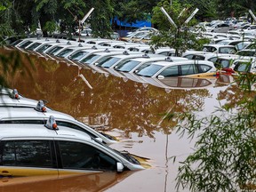 A fleet of flooded taxis are seen at the operator's submerged parking lot following overnight rain in Jakarta on Jan. 1, 2020.