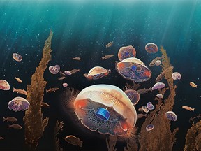 A jellyfish augmented with a microelectronics implant designed by researchers Nicole Xu and John Dabiri is seen in an artist's rendering released Jan. 30, 2020.