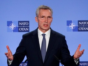 NATO Secretary General Jens Stoltenberg briefs media after a meeting of the Alliance's ambassadors over the security situation in the Middle East, in Brussels, Belgium, on Monday, Jan. 6, 2020.