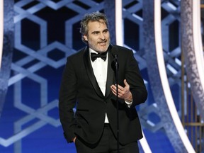 In this handout photo, Joaquin Phoenix accepts the award for Best Performance By An Actor In A Motion Picture - Drama for "Joker" onstage during the 77th Annual Golden Globe Awards at The Beverly Hilton Hotel in Beverly Hills, Calif., on Jan. 5, 2020.