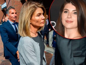 Lori Loughlin and husband Mossimo Giannulli exit the Boston Federal Court house after a pre-trial hearing with Magistrate Judge Kelley at the John Joseph Moakley U.S. Courthouse in Boston on Aug. 27, 2019. Their daughter Isabella Rose Giannulli is seen inset.