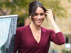 Meghan, Duchess of Sussex, arrives to attend a roundtable discussion on gender equality with The Queens Commonwealth Trust (QCT) and One Young World at Windsor Castle on Oct. 25, 2019.