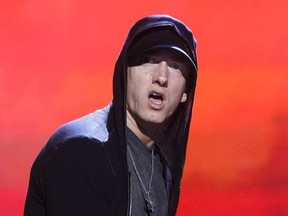 This Sept. 10, 2010 file photo shows rapper Eminem performing at Yankee Stadium in New York.