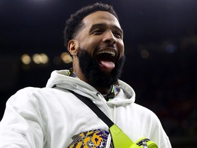 Odell Beckham, Jr. watches the College Football Playoff national championship game between the LSU Tigers and the Clemson Tigers at Mercedes-Benz Superdome. (Mark J. Rebilas-USA TODAY Sports)