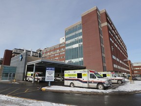 Ambulances in line at the Civic Campus of The Ottawa Hospital on Tuesday.