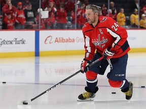 Alex Ovechkin of the Washington Capitals wears Kobe Bryant’s number as he warm ups before playing the Nashville Predators at Capital One Arena on January 29, 2020 in Washington.  (Patrick Smith/Getty Images)