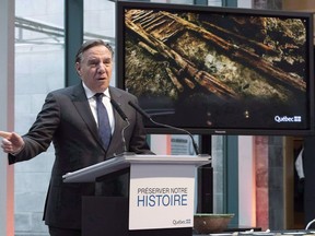 Quebec Premier Francois Legault speaks about a major archeological find, Tuesday, Nov. 6, 2018 in Quebec City.