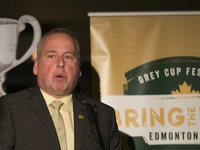 Len Rhodes, former president and CEO of the Edmonton Eskimos, appears in this file photo speaking at a news conference to announce the festival lineup at the 2018 Grey Cup on Sept. 19, 2018, in Edmonton.