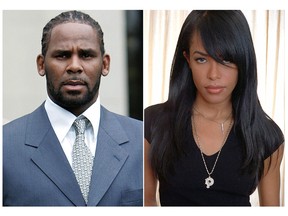 This combination photo shows singer R. Kelly after the first day of jury selection in his child pornography trial at the Cook County Criminal Courthouse in Chicago on May 9, 2008, left, the late R&B singer and actress Aaliyah during a photo shoot in New York on May 9, 2001.