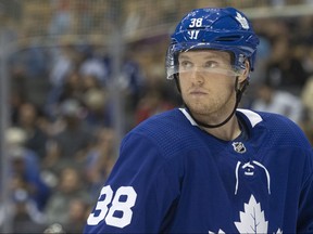 Maple Leafs defenceman Rasmus Sandin had two assists in the first period of his first game back with the team on Tuesday night against the New Jersey Devils. (Chris Young/The Canadian Press)