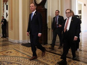 U.S. House impeachment managers Rep. Adam Schiff (D-CA), Rep. Jason Crow (D-CO) and Rep. Jerry Nadler (D-NY) arrive at the Senate side of the U.S. Capitol for the Senate impeachment trial against President Donald Trump in Washington, D.C., on Thursday, Jan. 23, 2020.