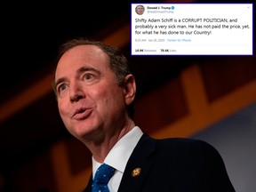 Lead U.S. House Manager Adam Schiff speaks to the press before going to the Senate floor at the U.S. Capitol on Jan. 25, 2020 in Washington, D.C. A tweet by Trump Jan. 26 about Schiff is seen (inset).