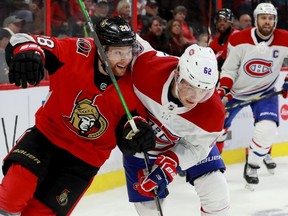 The Ottawa Senators' Connor Brown (28) battles with the Canadiens' Artturi Lehkonen on Saturday, Jan. 11, 2020 at the Canadian Tire Centre.