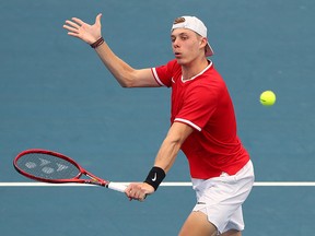 Denis Shapovalov plays a backhand in his match against Stefanos Tsitsipas during the 2020 ATP Cup at Pat Rafter Arena on January 3, 2020 in Brisbane, Australia. (Chris Hyde/Getty Images)
