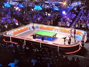 Play is stopped at the Snooker Masters final in London. (Video screen grab)