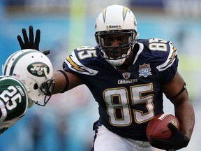 Tight end Antonio Gates of the San Diego Chargers runs with the ball after making a catch against the New York Jets in the second quarter of the AFC Divisional Playoff Game at Qualcomm Stadium on January 17, 2010 in San Diego, California.