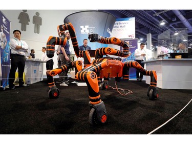 A Robomantis general purpose robot is displayed in the Motiv Robotics booth during the 2020 CES in Las Vegas, Nevada, U.S. in Las Vegas on Jan. 8, 2020.