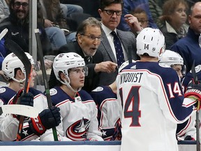 John Tortorella, head coach of the Columbus Blue Jackets, handles bench duties against the New York Islanders at NYCB Live's Nassau Coliseum on December 23, 2019 in Uniondale, New York. (Bruce Bennett/Getty Images)