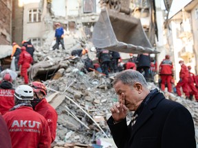 Turkish Defence Minister Hulusi Akar visits the earthquake site on Jan. 26, 2020 in Elazig, Turkey.