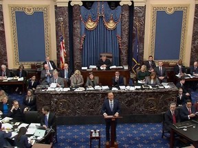 Lead manager House Intelligence Committee Chairman Adam Schiff (D-CA) speaks during opening arguments in the U.S. Senate impeachment trial of U.S. President Donald Trump in this frame grab from video shot in the U.S. Senate Chamber at the U.S. Capitol in Washington, U.S., January 21, 2020.