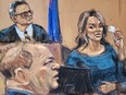 Annabella Sciorra is questioned by prosecutor Joan Illuzzi-Orbon (not seen) on the stand in front of Judge James Burke as film producer Harvey Weinstein sits during his sexual assault trial at New York Criminal Court in the Manhattan borough of New York City, Jan. 23, 2020 in this courtroom sketch.