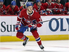 Canadiens centre Jesperi Kotkaniemi comes off the bench during NHL game game against the Calgary Flames at the Bell Centre in Montreal on Jan. 13, 2020.