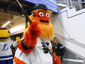 Mascot Gritty of the Philadelphia Flyers and mascots ThunderBug of the Tampa Bay Lightning participate in the mascot game prior to the 2020 Honda NHL All-Star Game at Enterprise Center on January 25, 2020 in St Louis, Missouri.