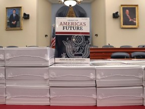 Copies of President Trump's FY2021 budget are shown after being delivered to the House Budget Committee, on February 10, 2020 in Washington, DC.
