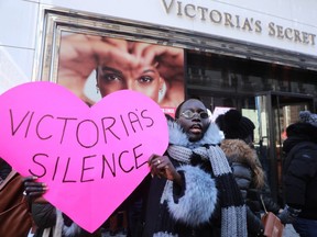 Men and women, some of them models, hold a demonstration outside of lingerie retailer Victoria's Secret on February 14, 2020 in New York City. The Valentine's Day protest outside of the flagship store was in response to recent allegations against the company by women claiming a culture of misogyny and sexual harassment persists at the global brand. (Photo by Spencer Platt/Getty Images)