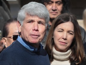 With his wife Patti by his side, former Illinois Governor Rod Blagojevich speaks during a press conference in front of his home on Feb. 19, 2020 in Chicago, Ill. (Scott Olson/Getty Images)