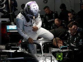 Lewis Hamilton and Mercedes GP prepares to drive in the garage during day two of F1 Winter Testing at Circuit de Barcelona-Catalunya on Feb. 20, 2020 in Barcelona, Spain. (Charles Coates/Getty Images)