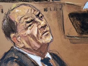 Film producer Harvey Weinstein listens as hotel worker Rothschild Capulong testifies during his sexual assault trial at New York Criminal Court in the Manhattan, Feb. 5, 2020 in this courtroom sketch. (REUTERS/Jane Rosenberg)