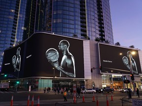 Detailed view of image of Kobe Bryant on the side of a building near the Staples Center in Los Angeles on Feb. 5, 2020 with the words Mamba Forever in memory of Bryant, who was killed along with his daughter Gianna Bryant in a helicopter crash, (Kirby Lee-USA TODAY Sports)