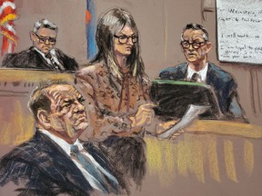 Witness Paul Feldsher is questioned by lawyer Donna Rotunno during film producer Harvey Weinstein's sexual assault trial at New York Criminal Court in the Manhattan, Feb. 6, 2020 in this courtroom sketch.  (REUTERS/Jane Rosenberg)