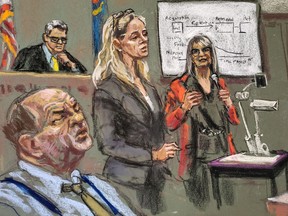 Professor Elizabeth Loftus is questioned by lawyer Diana Fabi Samson in front of Judge James Burke during film producer Harvey Weinstein's sexual assault trial at New York Criminal Court in the Manhattan, Feb. 7, 2020 in this courtroom sketch.  REUTERS/Jane Rosenberg