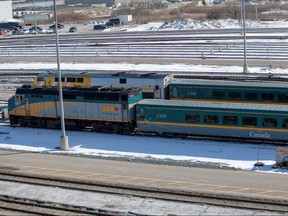 Via Rail trains are seen parked at Via Rail's Toronto Maintenance Centre after the Canadian National Railway Co (CN Rail) said it will halt operations in eastern Canada and VIA Rail cancelled its service, as its rail lines continue to be blocked by anti-pipeline protesters, at Union Station in Toronto, Feb. 14, 2020. REUTERS/Carlos Osorio