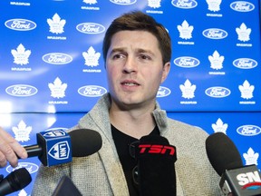 Toronto Maple Leafs GM Kyle Dubas speaks to the media about the recently acquired players from the Los Angeles Kings during a press conference in Toronto on February 6, 2020. THE CANADIAN PRESS/Nathan Denette
