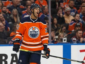 Edmonton Oilers' Darnell Nurse reacts to a penalty as the team battles the Colorado Avalanche during the second period of a NHL hockey game at Rogers Place in Edmonton, on Thursday, Nov. 14, 2019.