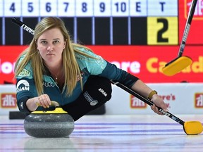 Skip Chelsea Carey throwing her rock during 2019 Home Hardware Canada Cup at the Leduc Recreation Centre, November 27, 2019.