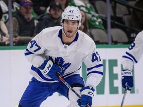 Toronto Maple Leafs left wing Pierre Engvall (47) in action during the game between the Stars and the Maple Leafs at the American Airlines Center. Jerome Miron-USA TODAY