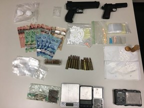 Fort Saskatchewan, Alta., RCMP seized over 46.5 grams of suspected methamphetamine, 122 codeine tablets, 76 xanax tablets, 6.2 grams of psilocybin (mushrooms), digital scales, packaging, Canadian currency, an imitation firearm and a .22 Browning handgun after executing a search warrant at a home in Lamont, Alta.