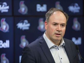 Ottawa Senators General Manager Pierre Dorion addresses the media at the Canadian Tire Centre following the conclusion of the NHL trade deadline day.