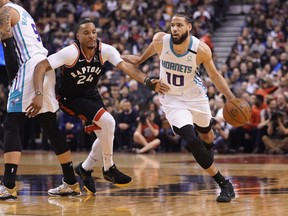 Charlotte Hornets forward Caleb Martin dribbles around Toronto Raptors guard Norman Powell during the first half at Scotiabank Arena.