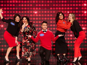 The Cena family of Metro Vancouver (From L-R: Rosa Biasi, Cathy Cena, Dan Villasin, Isabella Biasi, and Tonya Cena) will compete on Family Feud Canada on Mar. 4.