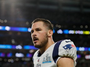 Danny Amendola of the New England Patriots reacts at the end of the second quarter against the Philadelphia Eagles in Super Bowl LII at U.S. Bank Stadium on February 4, 2018 in Minneapolis, Minnesota.  (Kevin C. Cox/Getty Images)